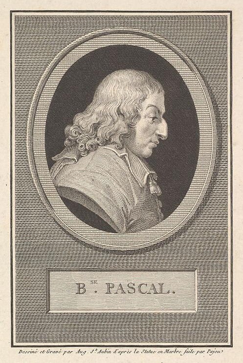 An engraving portrait of Blaise Pascal, French mathematician and philosopher (1623–1662), shown from the chest up wearing 17th-century dress.